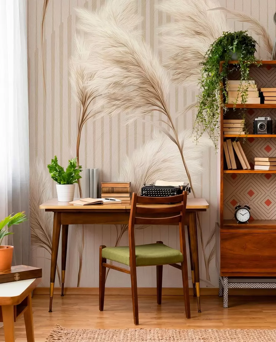 wall murals Пампас трава на позадини линија у беж тоновима w09104
