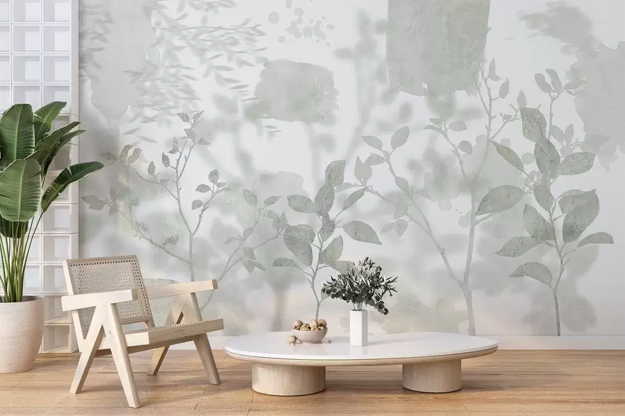 wall murals Силуете дрвећа, гране, природа, акварел, зелене боје w03911v1