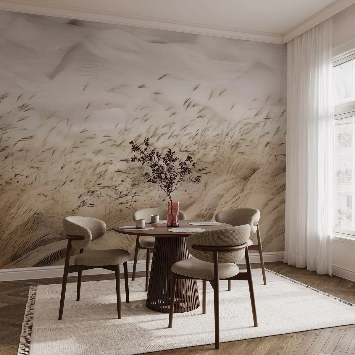 wall murals апстрактна поља траве разнесена ветром у беж и каменим тоновима, линије скица мастилом са текстурираном папирном позадином, мир нордијског села w03941