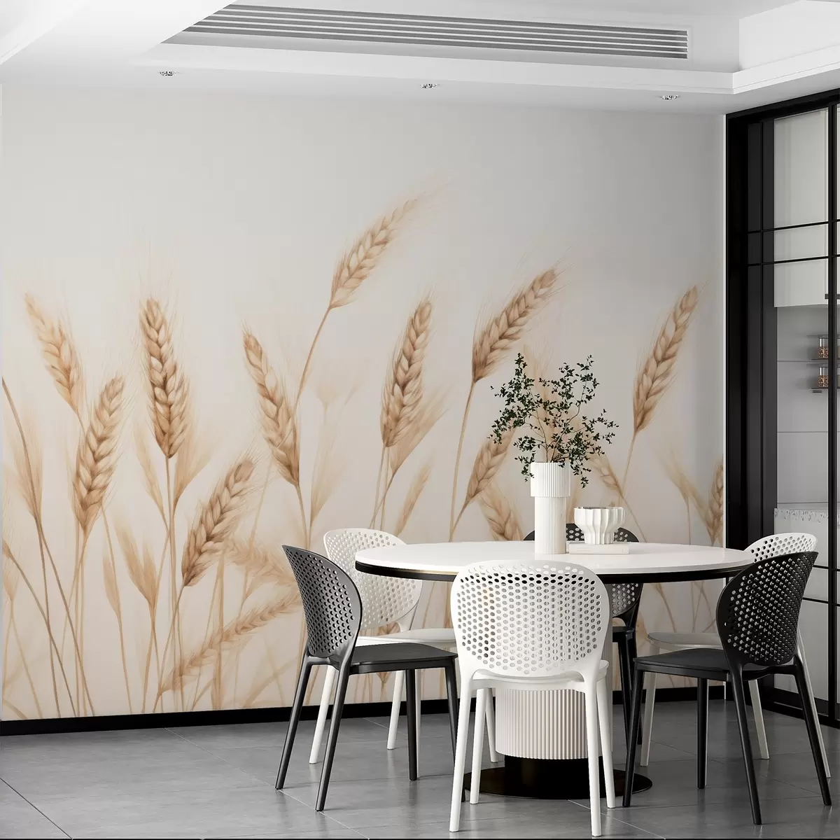 wall murals Нежна ботаничка илустрација стабљика пшенице, ручно цртани стил, фине линије са пастелном текстуром креде, меки сепија и земљани смеђи тонови, бела позадина, симетрична елегантна композиција, природна естетика скице w03943