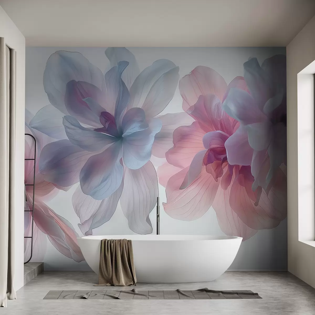 wall murals хиперреалистично пастелно цвеће које лебди у белом простору, нежне латице, етерично осветљење, детаљна ботаничка уметничка дела, w03946