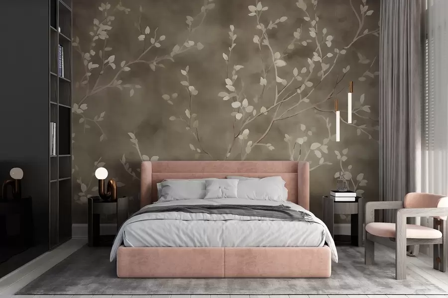 wall murals Минималистички ручно осликан дизајн тапета са меким белим гранама дрвећа са нежним листовима, које се органски гранају преко пригушене зелене позадине боје жалфије, фине ботаничке линије у природном току w03949v1