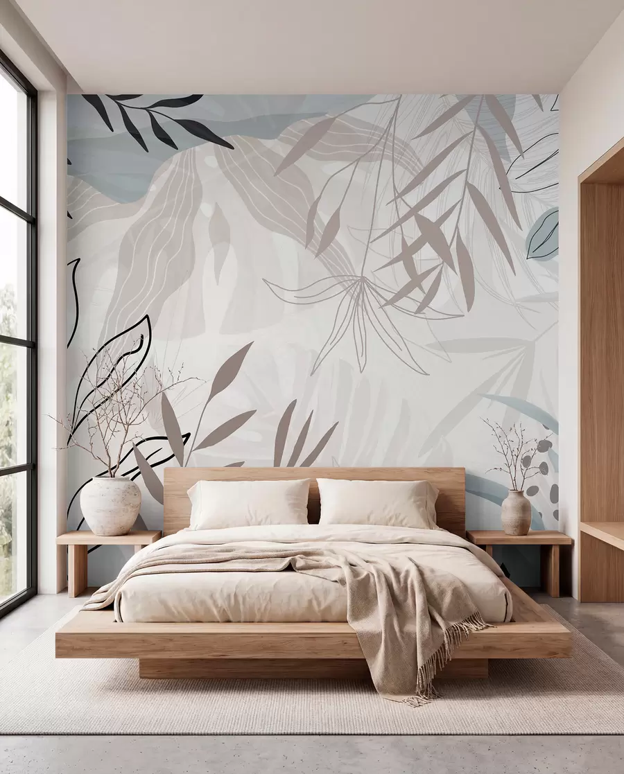 wall murals Апстрактни цветни модерни дизајн са пастелно беж, сивим, плавим и црним листовима, нежном линијском уметношћу и меком позадином w09105