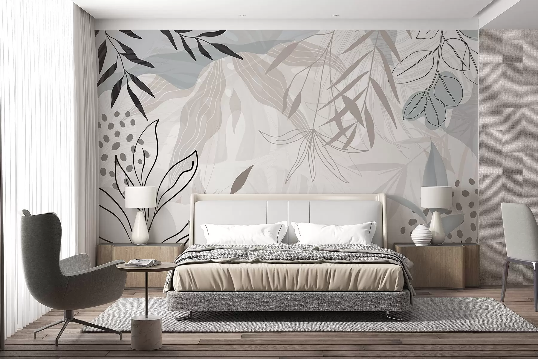 wall murals Апстрактни цветни модерни дизајн са пастелно беж, сивим, плавим и црним листовима, нежном линијском уметношћу и меком позадином w09105