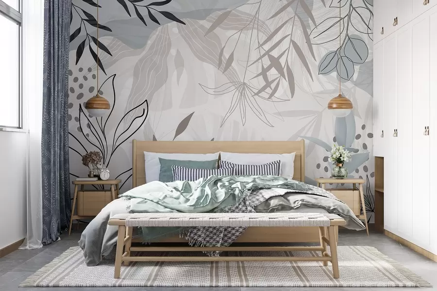 wall murals Апстрактни цветни модерни дизајн са пастелно беж, сивим, плавим и црним листовима, нежном линијском уметношћу и меком позадином w09105