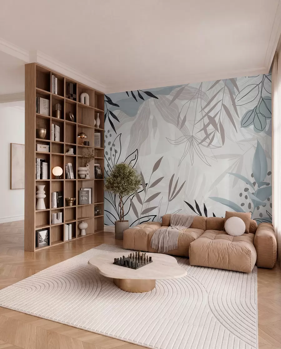 wall murals Апстрактни цветни модерни дизајн са пастелно беж, сивим, плавим и црним листовима, нежном линијском уметношћу и меком позадином w09105