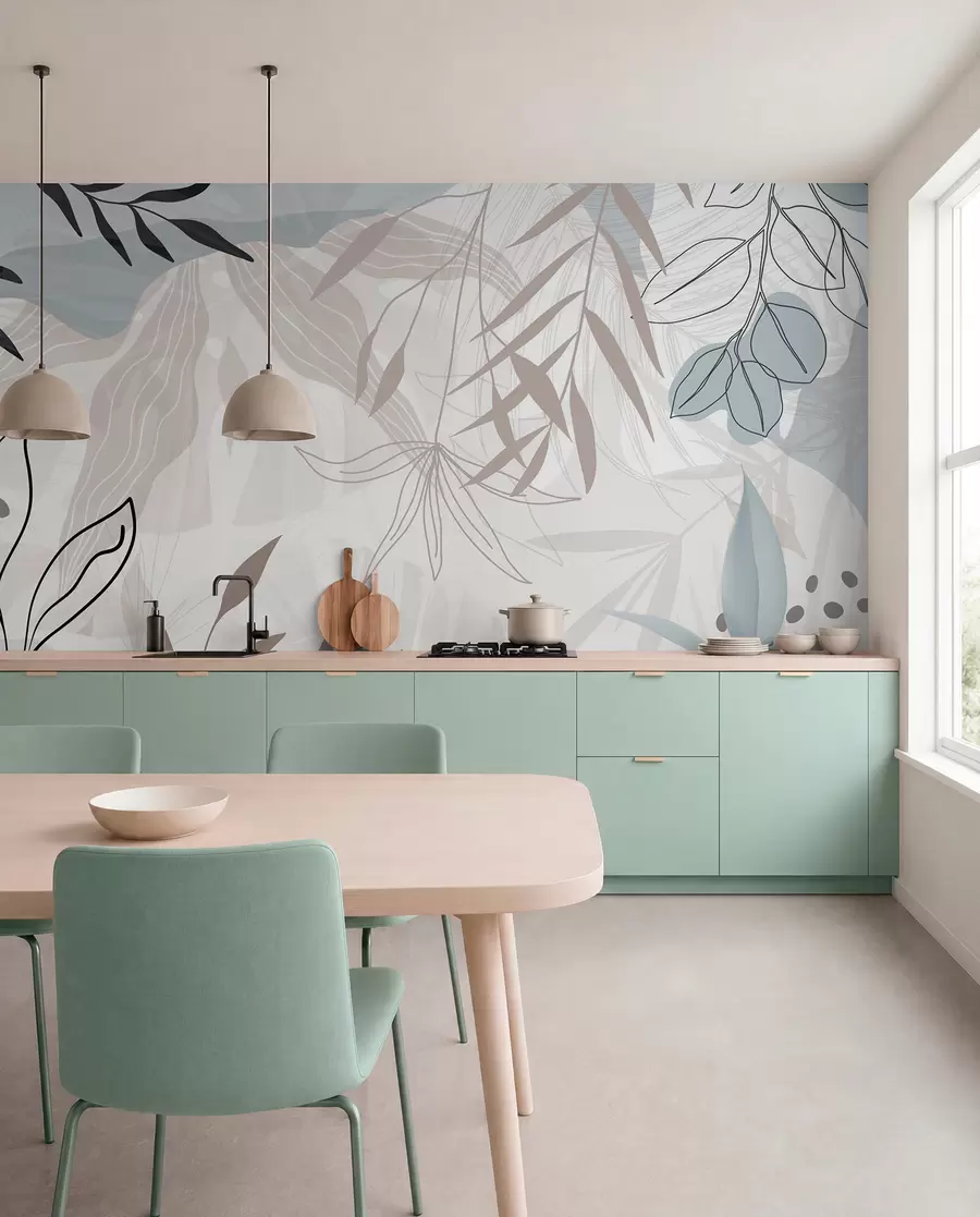 wall murals Апстрактни цветни модерни дизајн са пастелно беж, сивим, плавим и црним листовима, нежном линијском уметношћу и меком позадином w09105