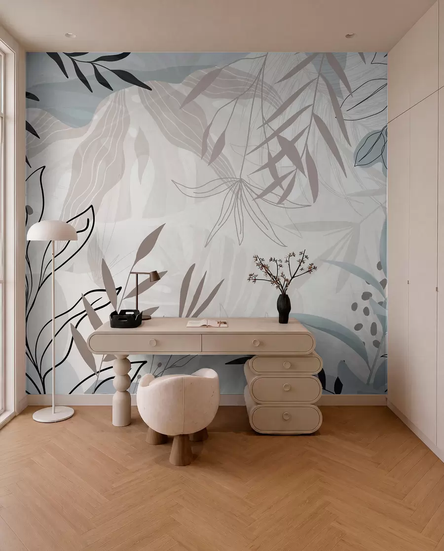 wall murals Апстрактни цветни модерни дизајн са пастелно беж, сивим, плавим и црним листовима, нежном линијском уметношћу и меком позадином w09105
