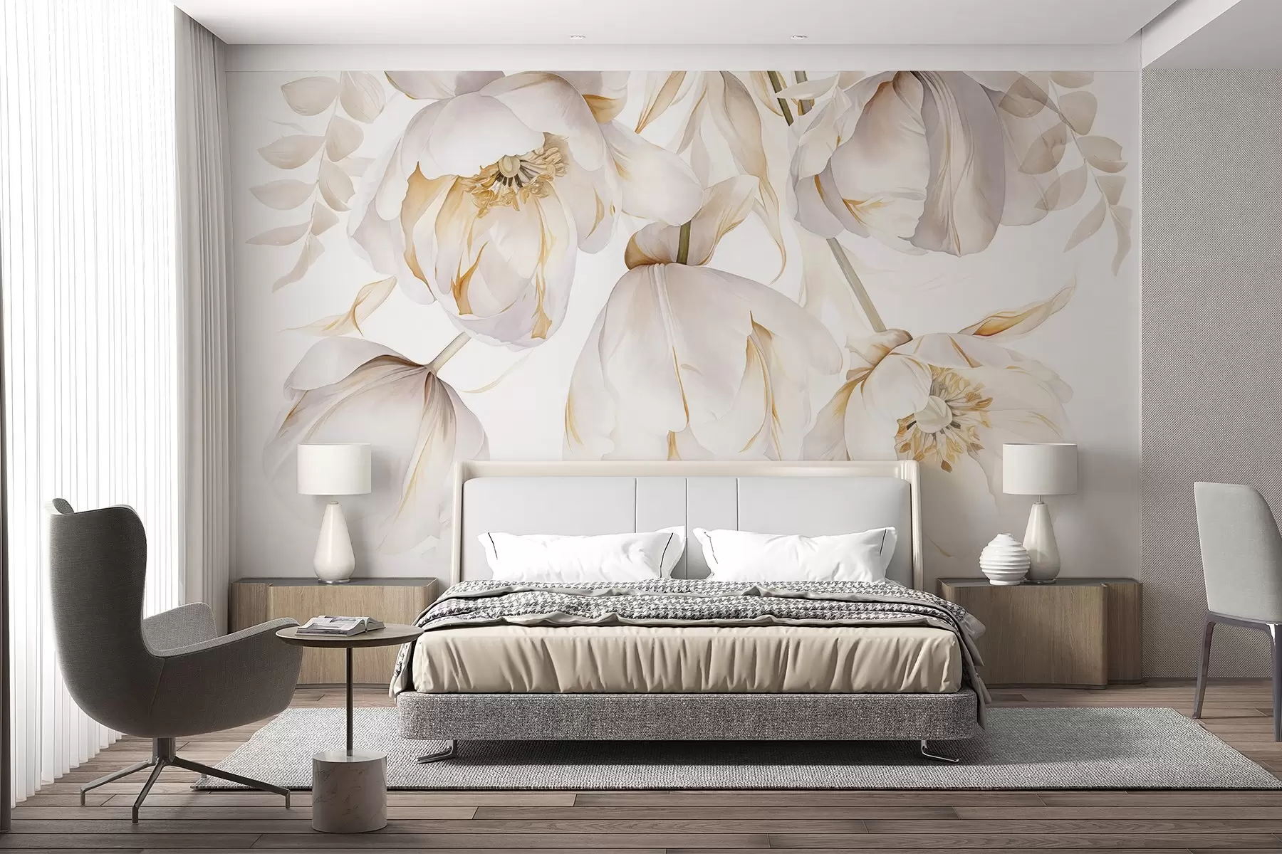 wall murals Бели тулипани са жутим тучковима, нежне латице, елегантан цветни аранжман, нежна композиција, на белој позадини w09112