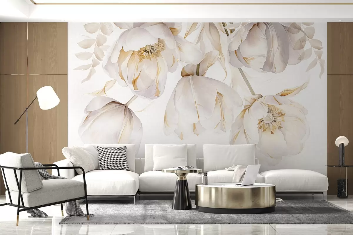 wall murals Бели тулипани са жутим тучковима, нежне латице, елегантан цветни аранжман, нежна композиција, на белој позадини w09112