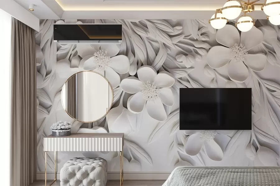 wall murals Бело цвеће и лишће на белој позадини, елегантан цветни, декоративни дизајн, замршени детаљи w09113