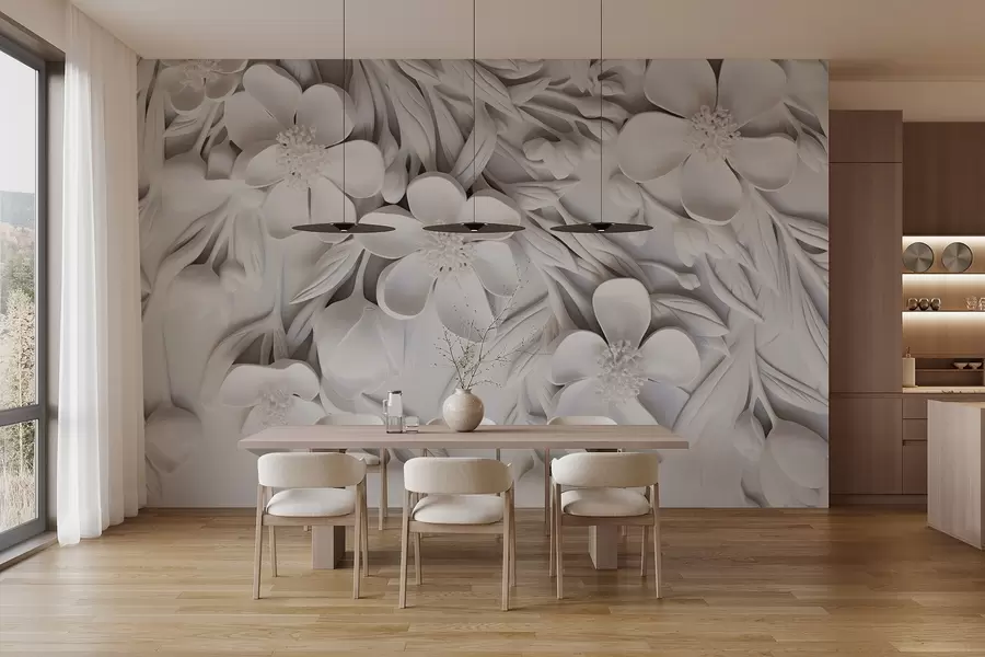 wall murals Бело цвеће и лишће на белој позадини, елегантан цветни, декоративни дизајн, замршени детаљи w09113