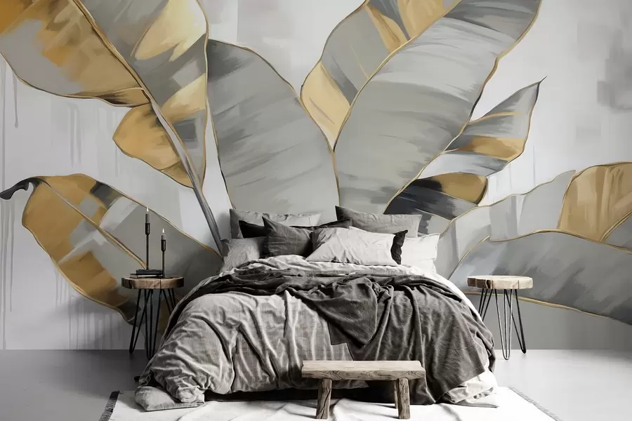 wall murals Тропски текстурирани листови банане са сивим и жутим тоновима, модеран стил, неутрална позадина, декоративно сликање w09118
