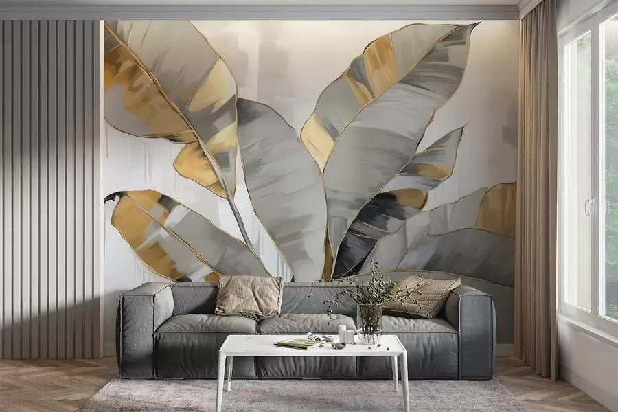 wall murals Тропски текстурирани листови банане са сивим и жутим тоновима, модеран стил, неутрална позадина, декоративно сликање w09118