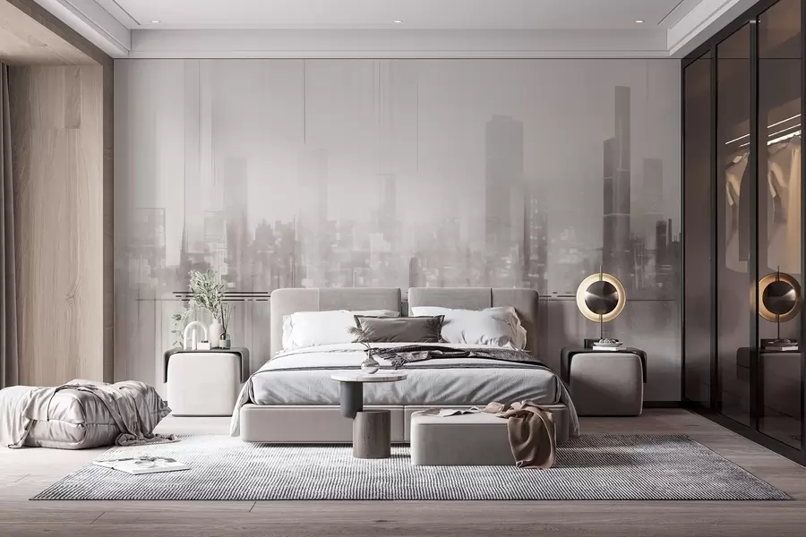 wall murals Апстрактни текстурирани градски пејзаж са високим зградама и тракама, у нијансама сиве и беле, стварајући магловит ефекат w09119
