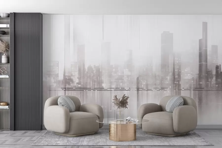 wall murals Апстрактни текстурирани градски пејзаж са високим зградама и тракама, у нијансама сиве и беле, стварајући магловит ефекат w09119