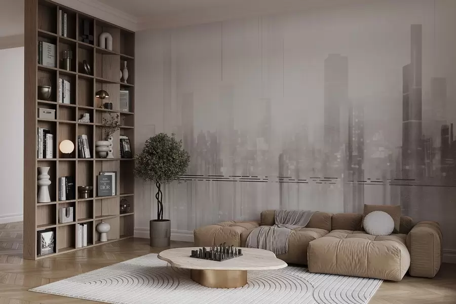 wall murals Апстрактни текстурирани градски пејзаж са високим зградама и тракама, у нијансама сиве и беле, стварајући магловит ефекат w09119