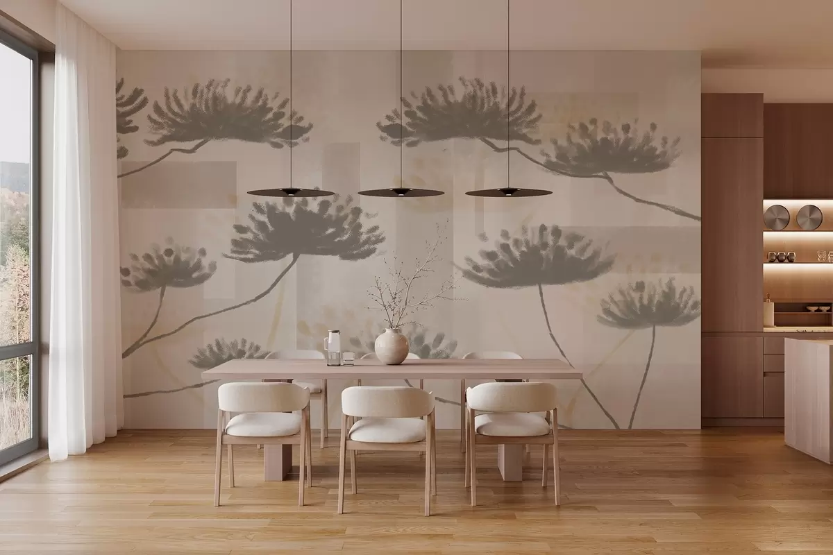 wall murals текстурирана геометрија у беж и крем тоновима са стилизованим кишобранским цветовима w03960