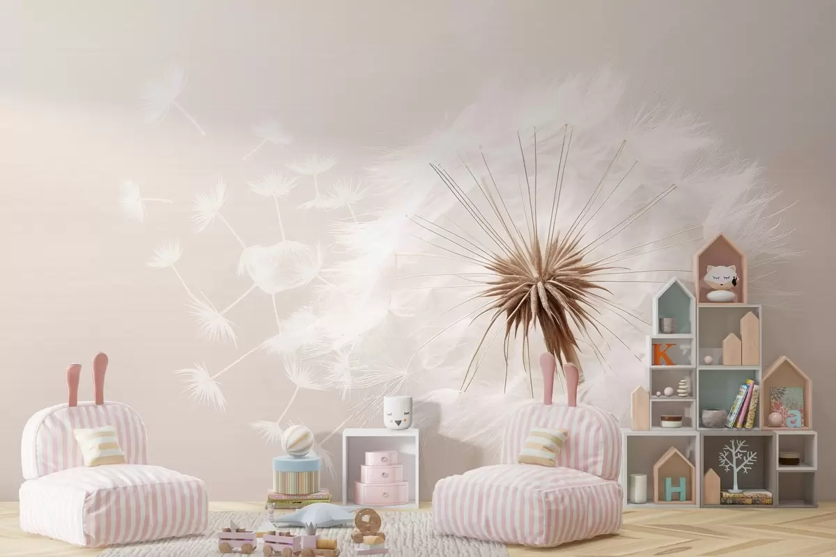 wall murals Модерна нежна цветна композиција са потпуно расцветалом главом маслачка и плутајућим семенкама, уз нежну текстуру сличну текстилу w03939