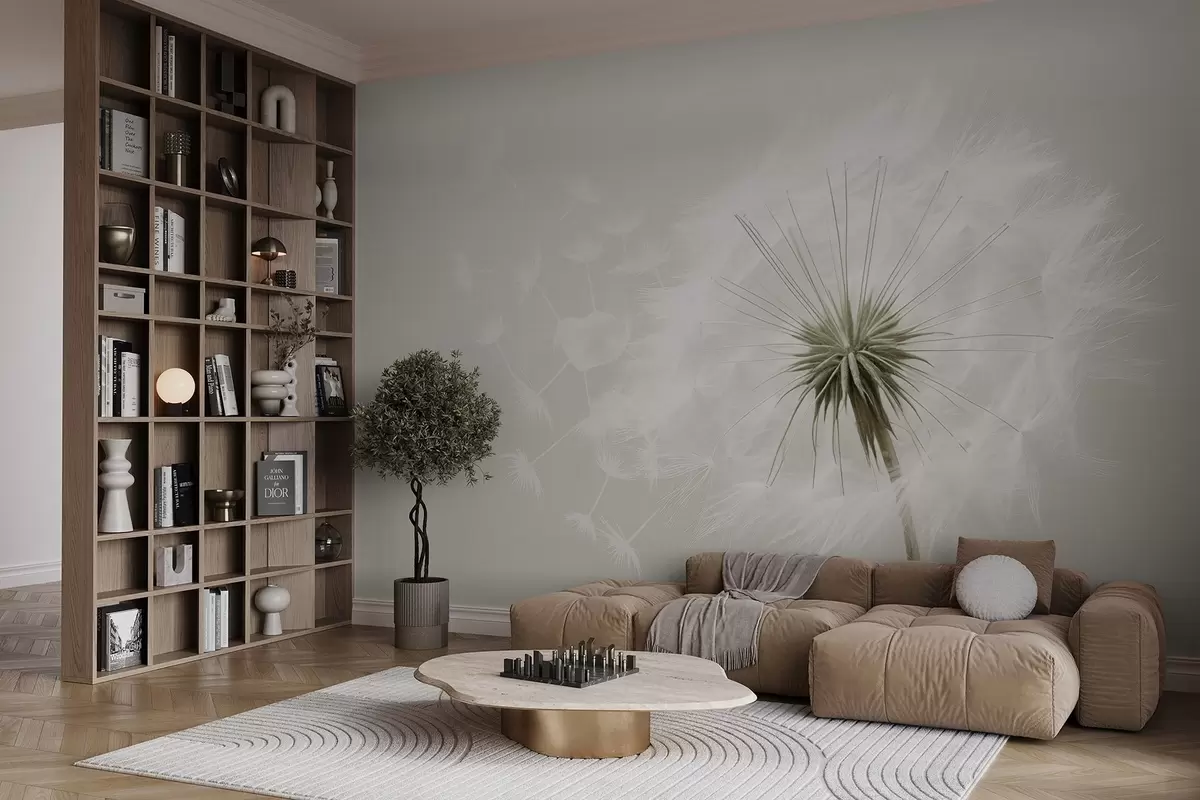 wall murals Модерна нежна цветна композиција са потпуно расцветалом главом маслачка и плутајућим семенкама, уз нежну текстуру сличну текстилу w03939v1