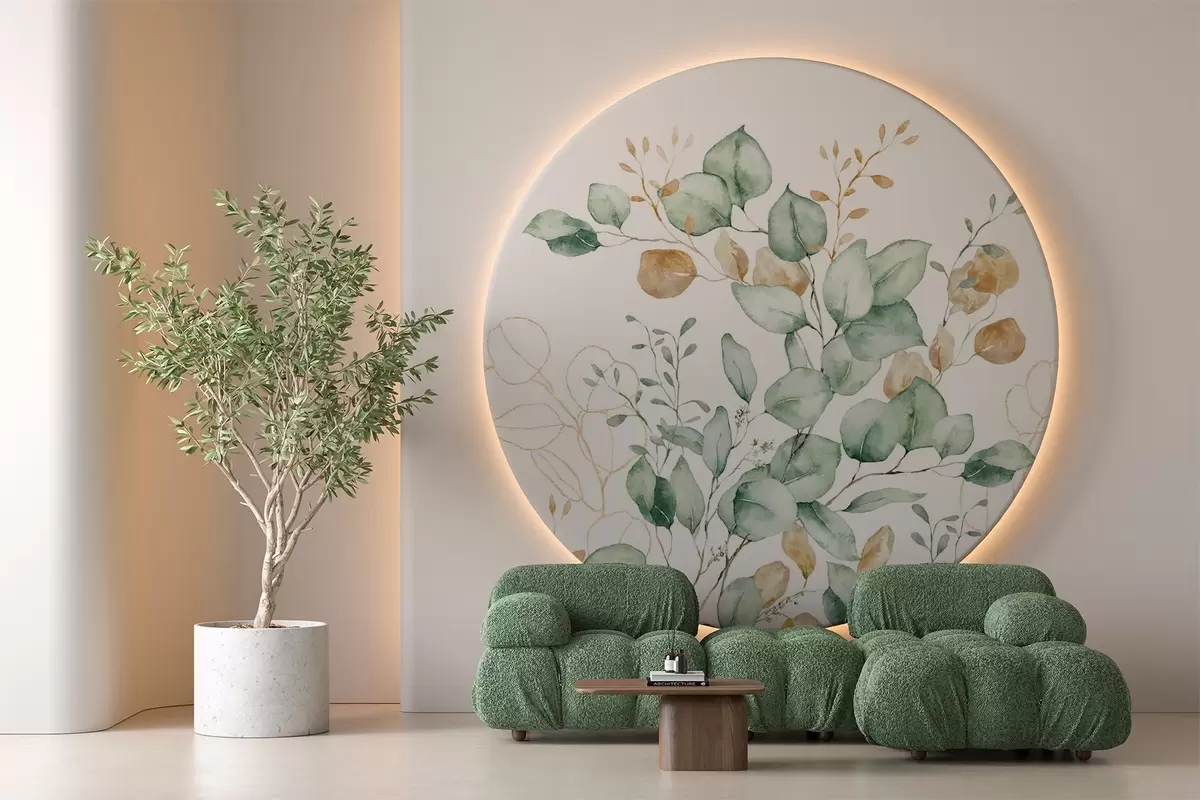 wall murals Имитација вегетације и грана текстурираном акварелом, нијансе зелене и жуте w03927