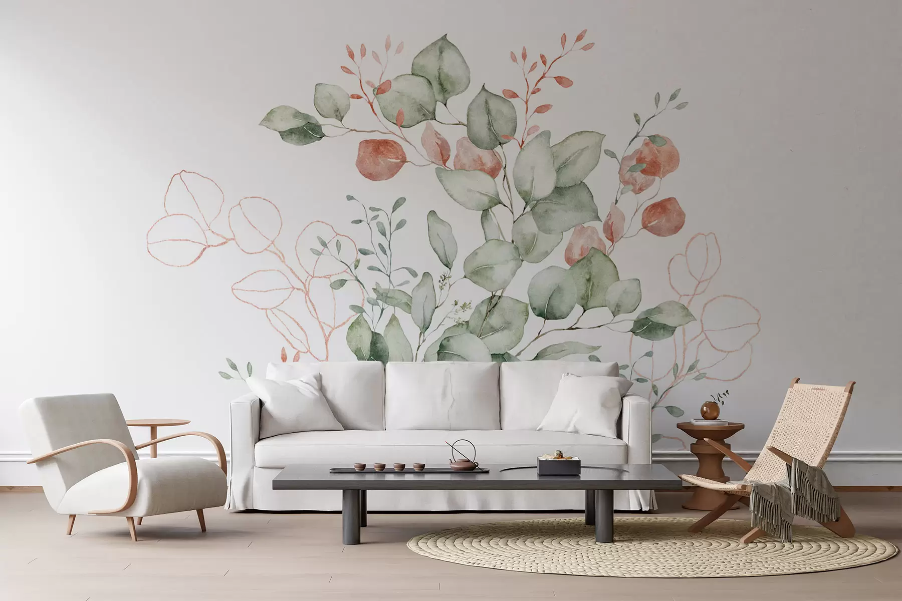 wall murals Имитација вегетације и грана текстурираном акварелом, нијансе зелене и црвене w03927v1