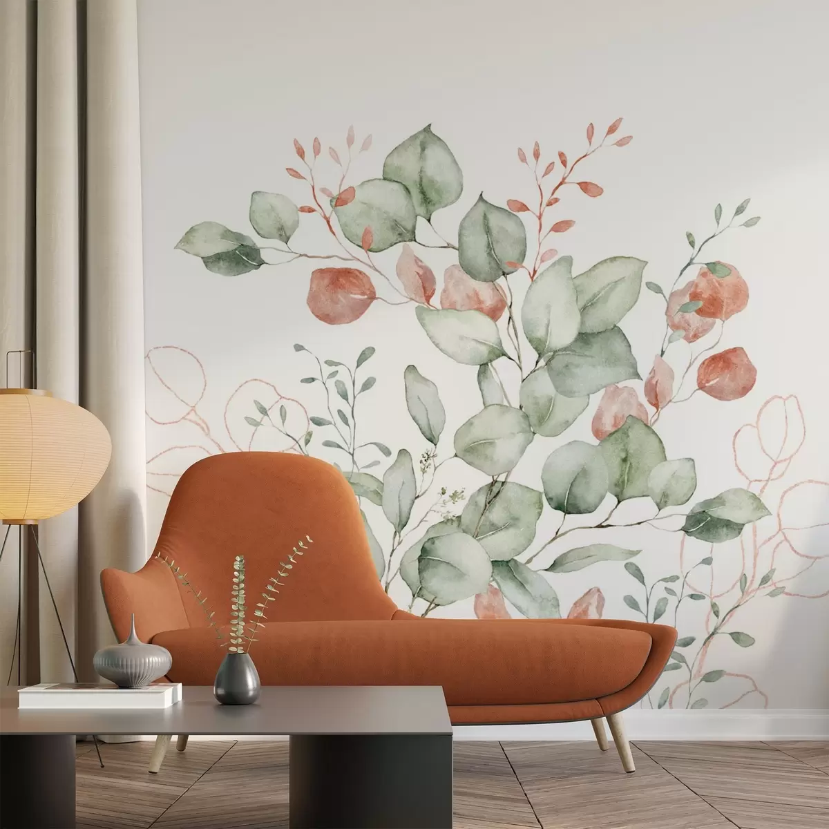wall murals Имитација вегетације и грана текстурираном акварелом, нијансе зелене и црвене w03927v1