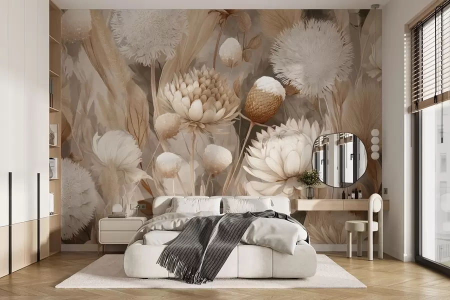 wall murals Бохо хармонија: Текстурирано цвеће у беж и крем тоновима w09121
