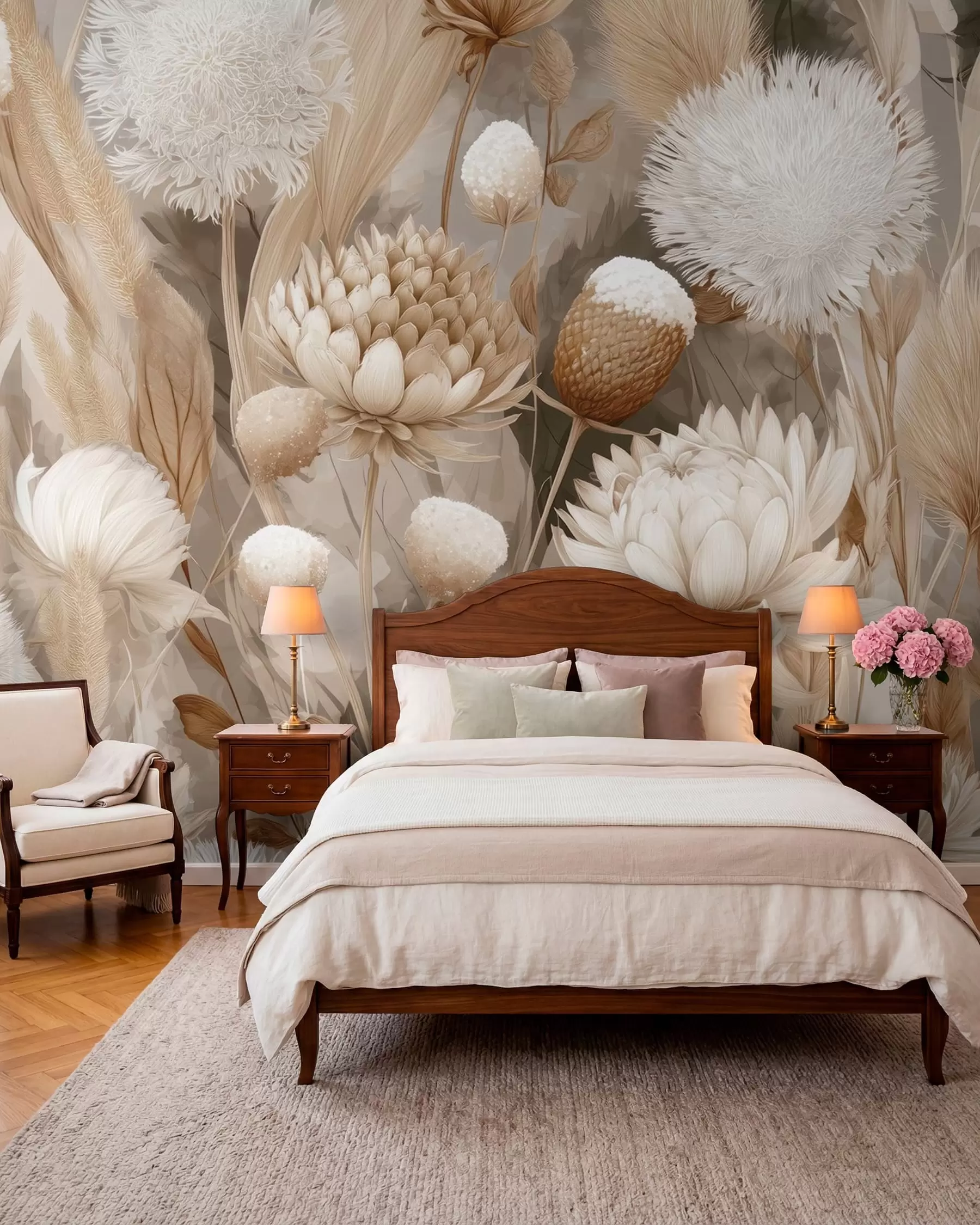 wall murals Бохо хармонија: Текстурирано цвеће у беж и крем тоновима w09121