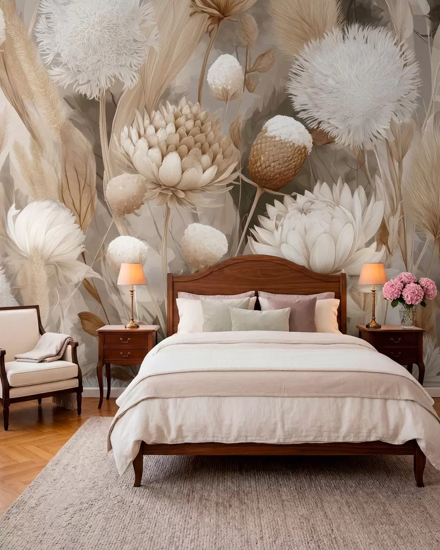 wall murals Бохо хармонија: Текстурирано цвеће у беж и крем тоновима w09121