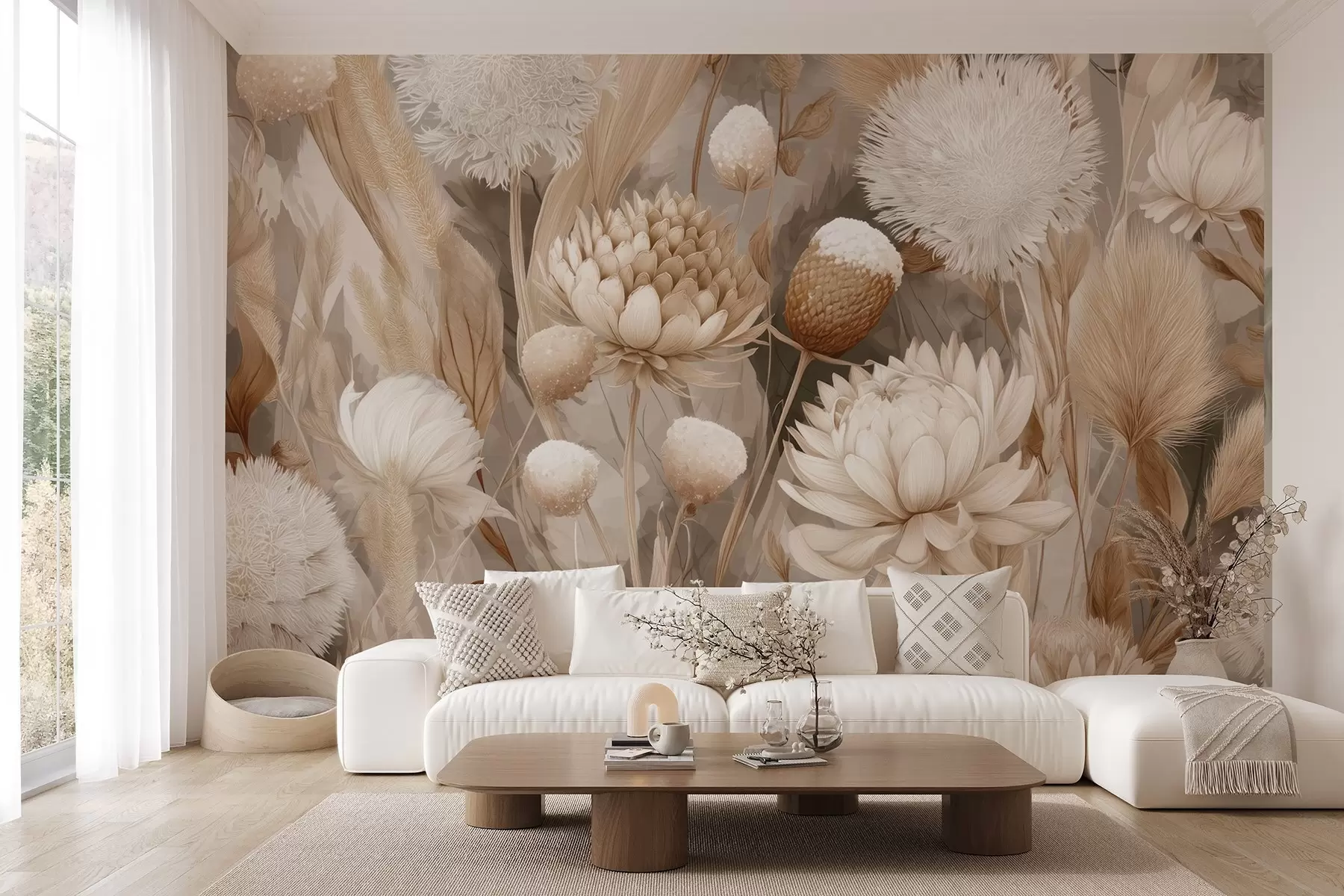 wall murals Бохо хармонија: Текстурирано цвеће у беж и крем тоновима w09121