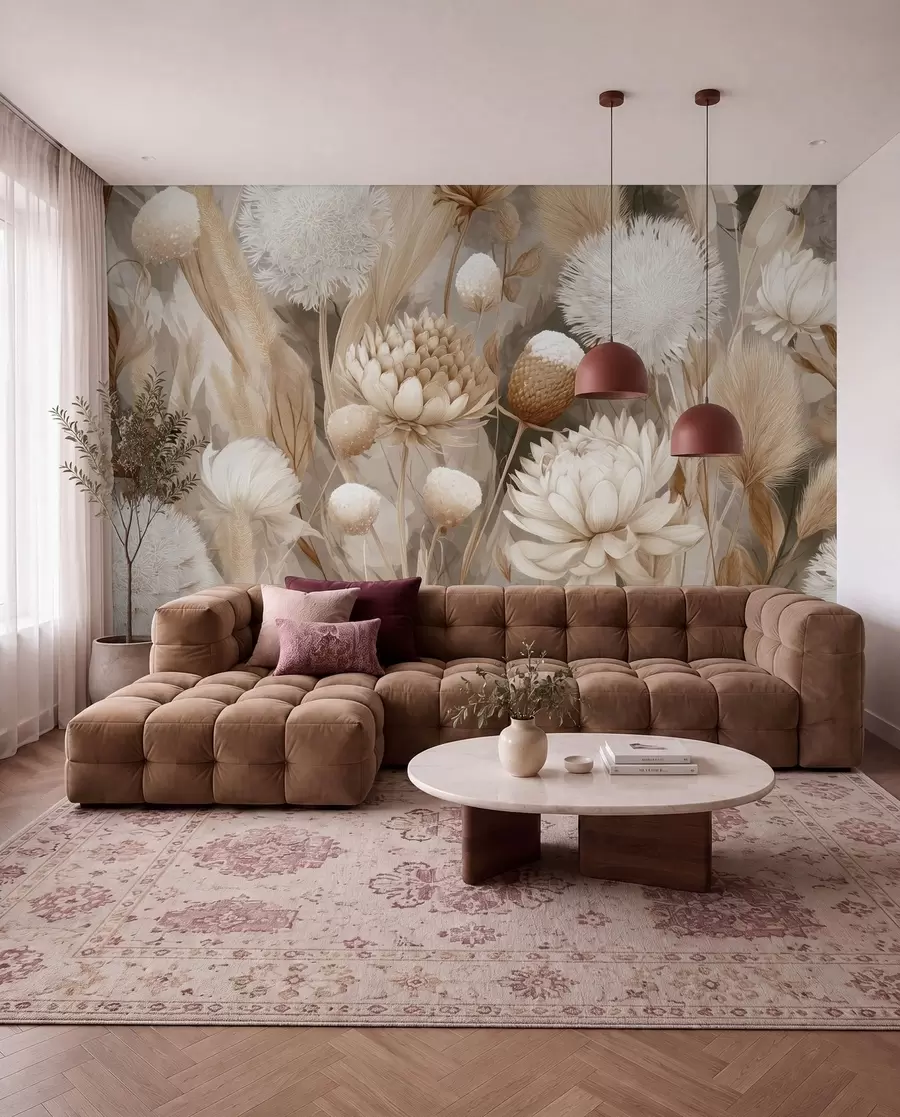 wall murals Бохо хармонија: Текстурирано цвеће у беж и крем тоновима w09121