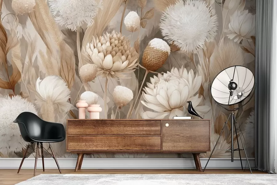 wall murals Бохо хармонија: Текстурирано цвеће у беж и крем тоновима w09121