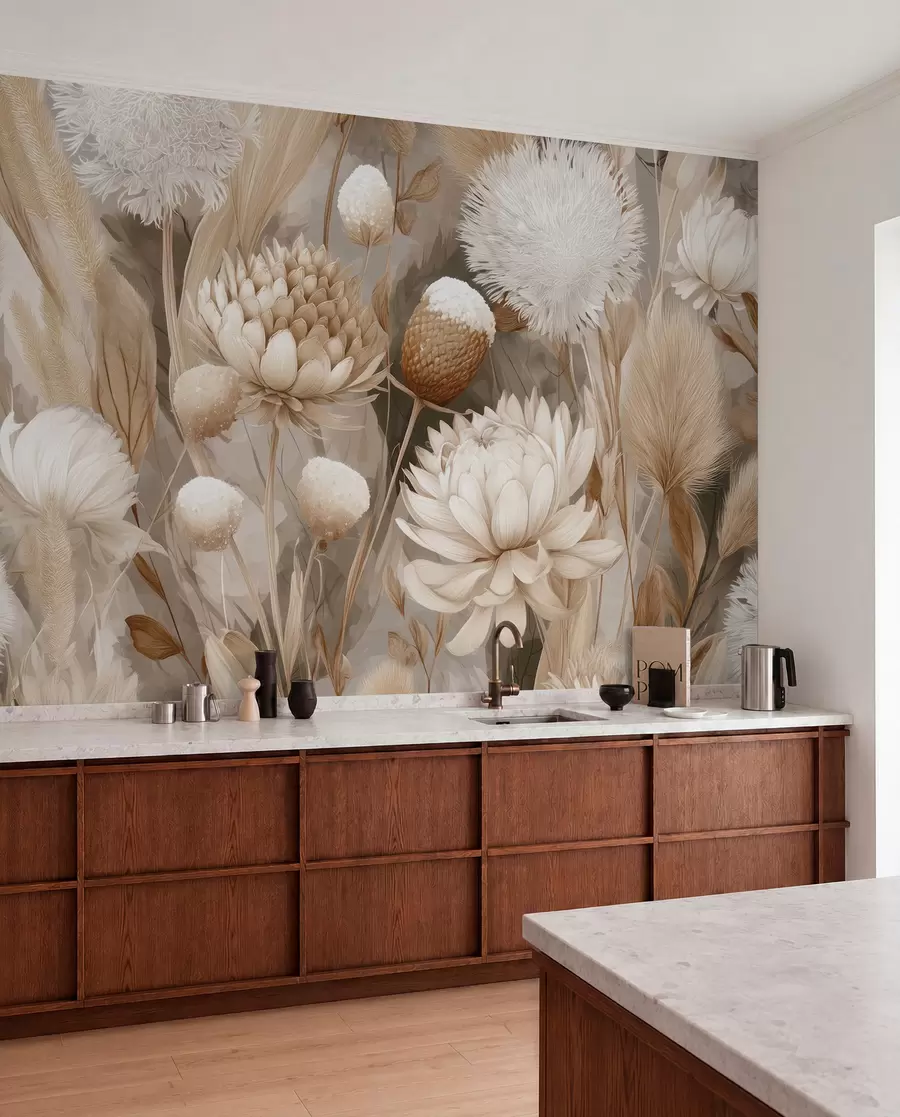 wall murals Бохо хармонија: Текстурирано цвеће у беж и крем тоновима w09121