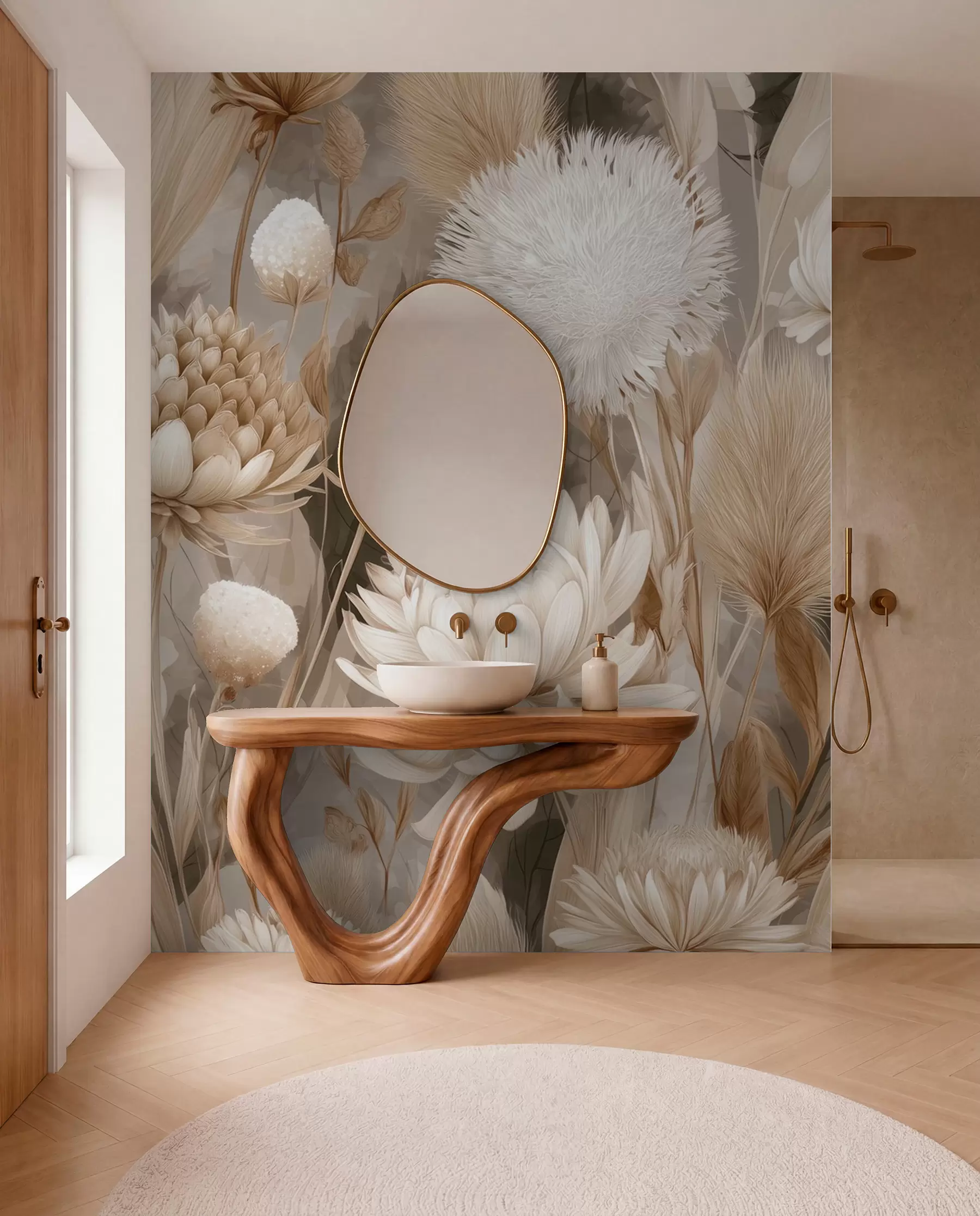 wall murals Бохо хармонија: Текстурирано цвеће у беж и крем тоновима w09121