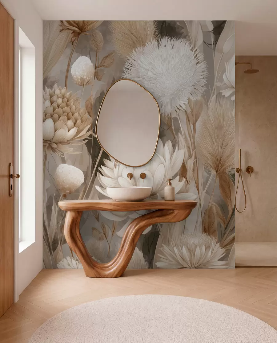 wall murals Бохо хармонија: Текстурирано цвеће у беж и крем тоновима w09121