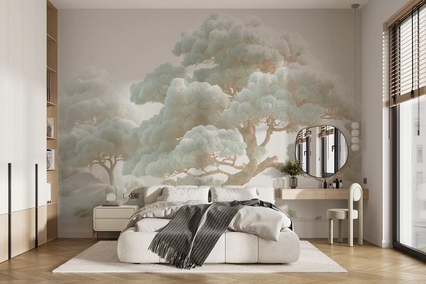wall murals Борови у магли у меким тоновима стоје у шуми w09122