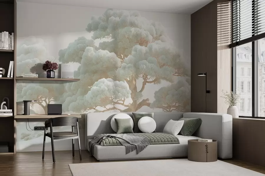 wall murals Борови у магли у меким тоновима стоје у шуми w09122
