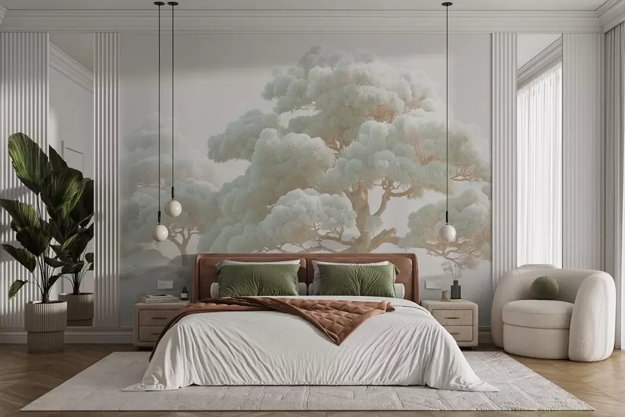 wall murals Борови у магли у меким тоновима стоје у шуми w09122