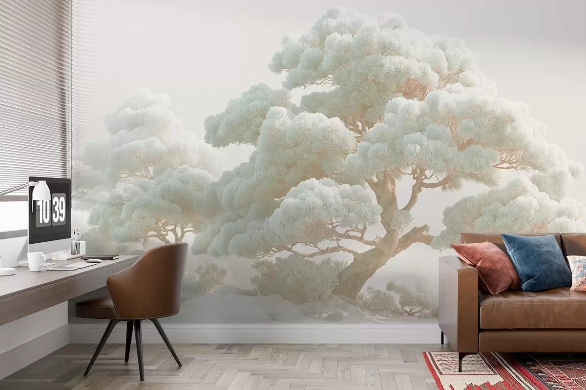 wall murals Борови у магли у меким тоновима стоје у шуми w09122