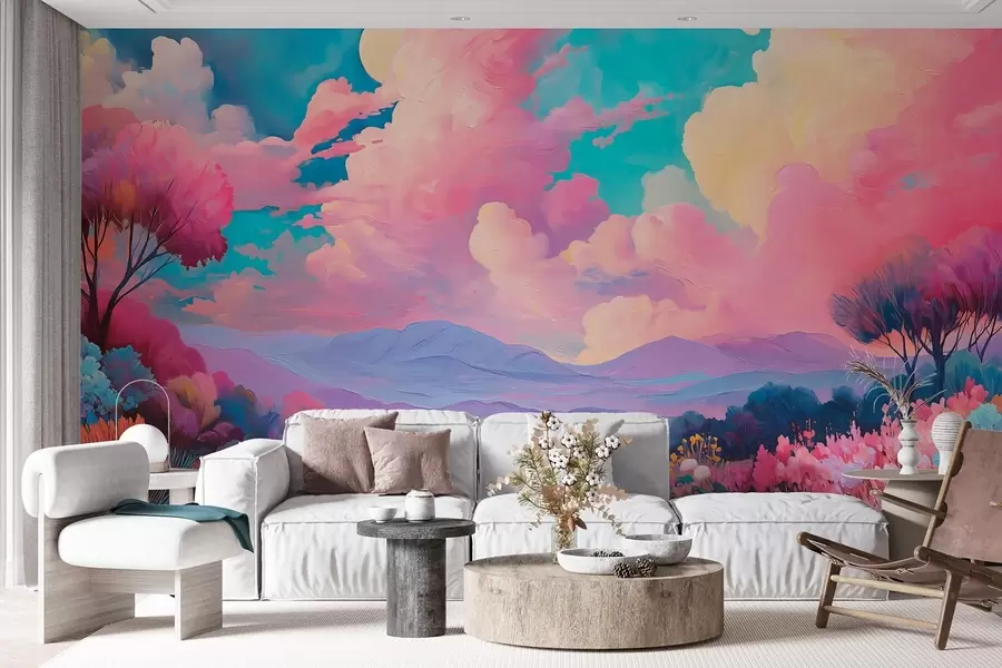 wall murals Шарени пејзаж у стилу уљаног сликарства са ружичастим небом, биљкама и дрвећем w09123