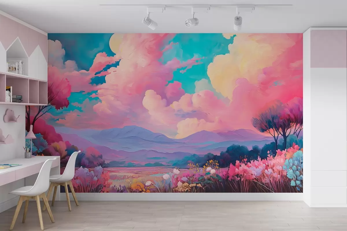wall murals Шарени пејзаж у стилу уљаног сликарства са ружичастим небом, биљкама и дрвећем w09123