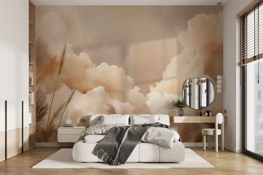 wall murals Беж небо са топлим облацима и пампас травом w09124