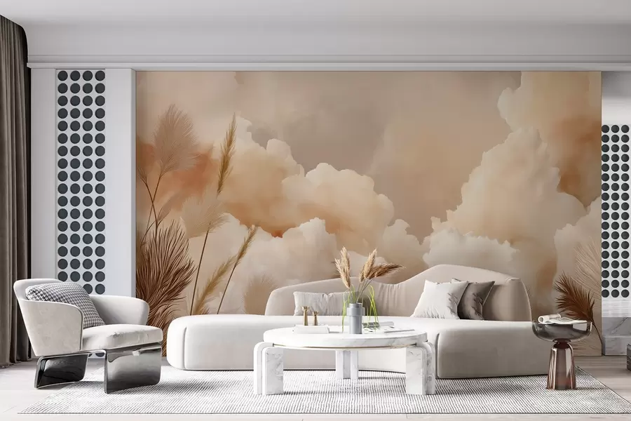 wall murals Беж небо са топлим облацима и пампас травом w09124