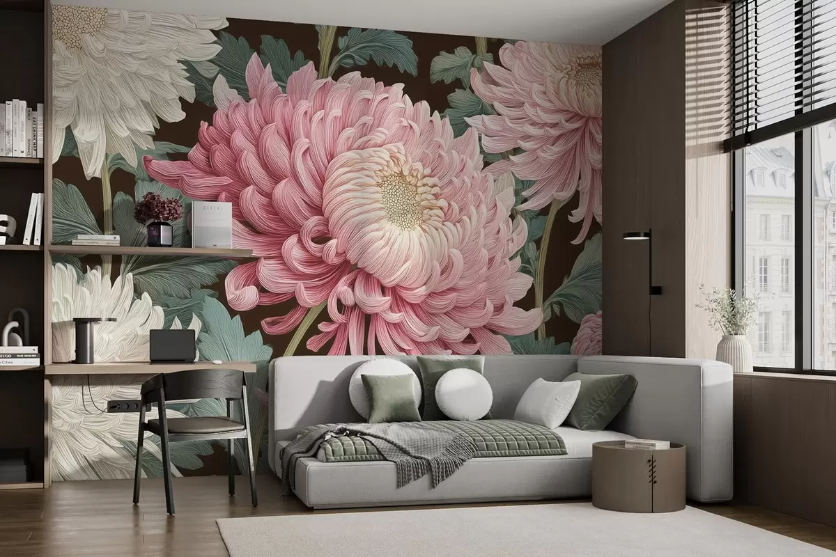 wall murals Велике ружичасте и беле орхидеје са листовима на тамној позадини w09125