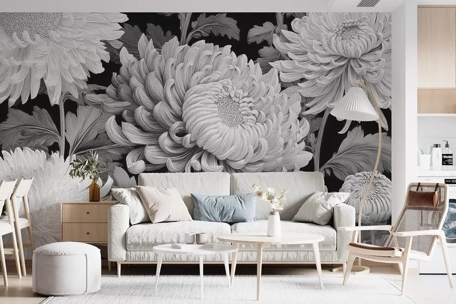 wall murals Црно-беле велике орхидеје са листовима w09125v1