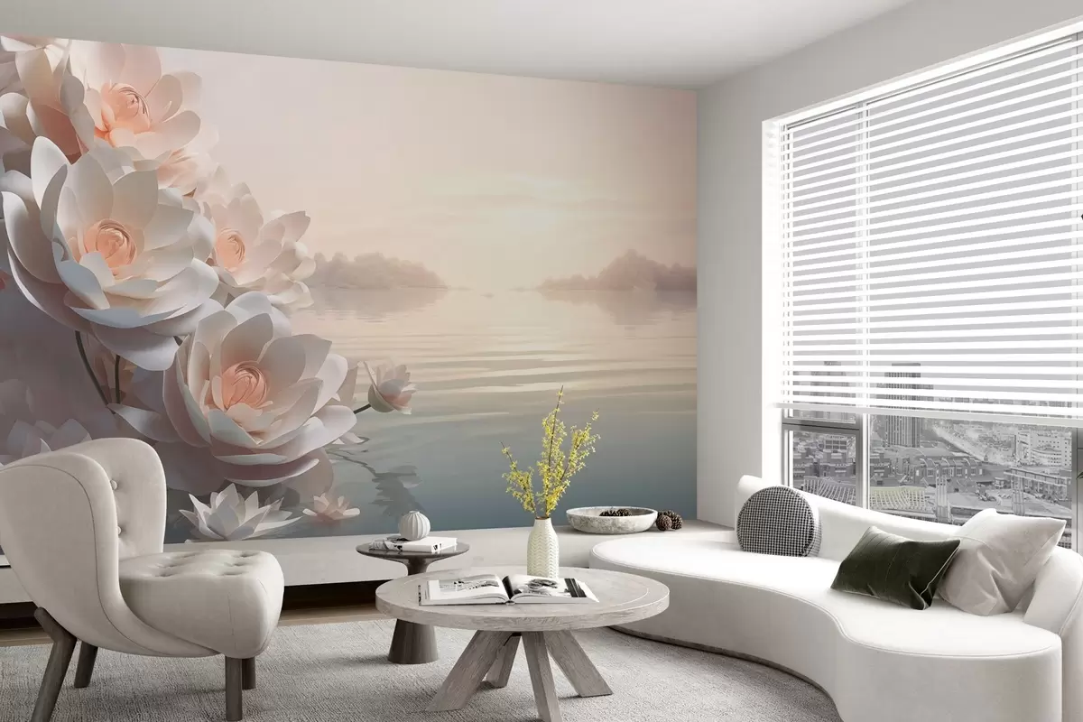 wall murals Пастелни лотоси на води под вечерњим небом w03988