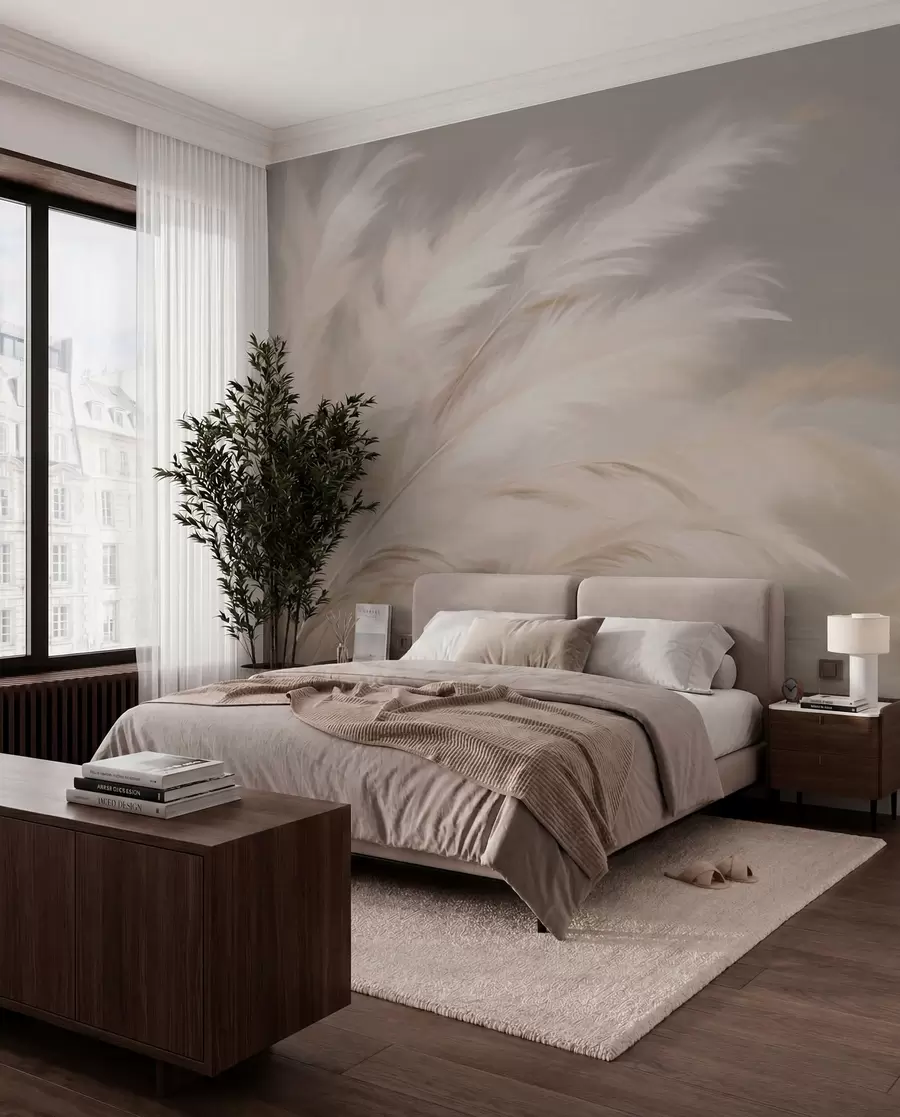 wall murals Меке, пахуљасте траве у беж и сивој боји w03992