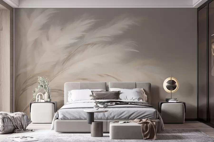 wall murals Меке, пахуљасте траве у беж и сивој боји w03992