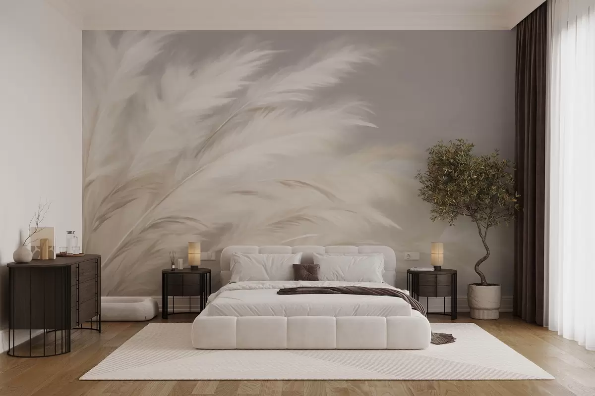 wall murals Меке, пахуљасте траве у беж и сивој боји w03992